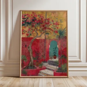 Home moroccan courtyard art print, mediterranean garden wall art, vibrant bohemian poster