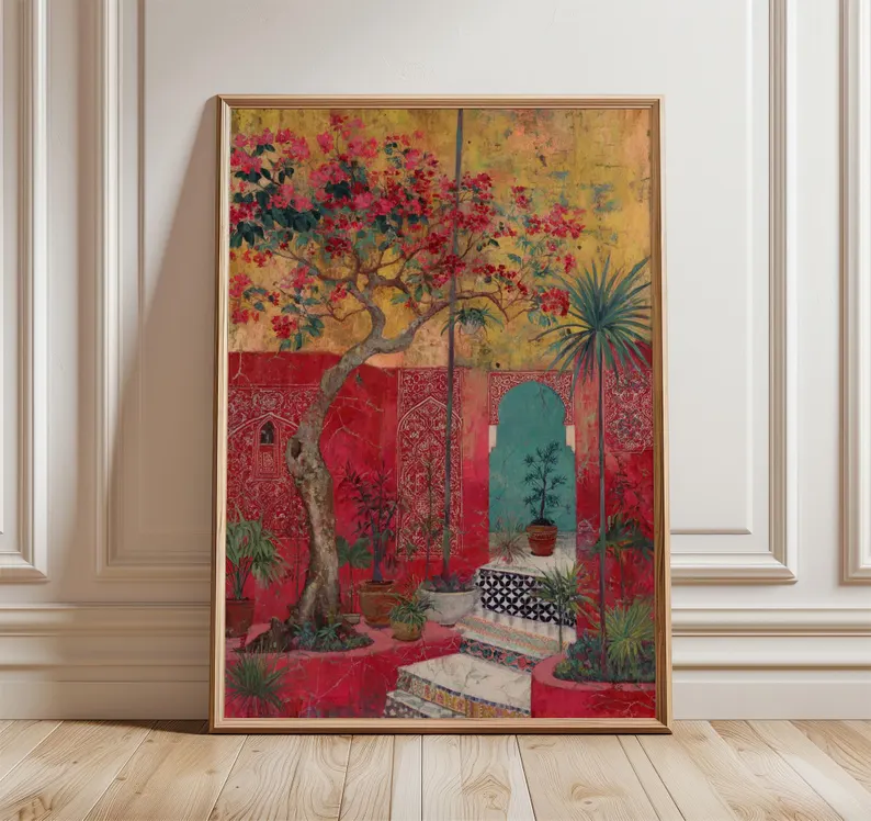 moroccan courtyard art print, mediterranean garden wall art, vibrant bohemian poster moroccan courtyard art print, mediterranean garden wall art, vibrant bohemian poster