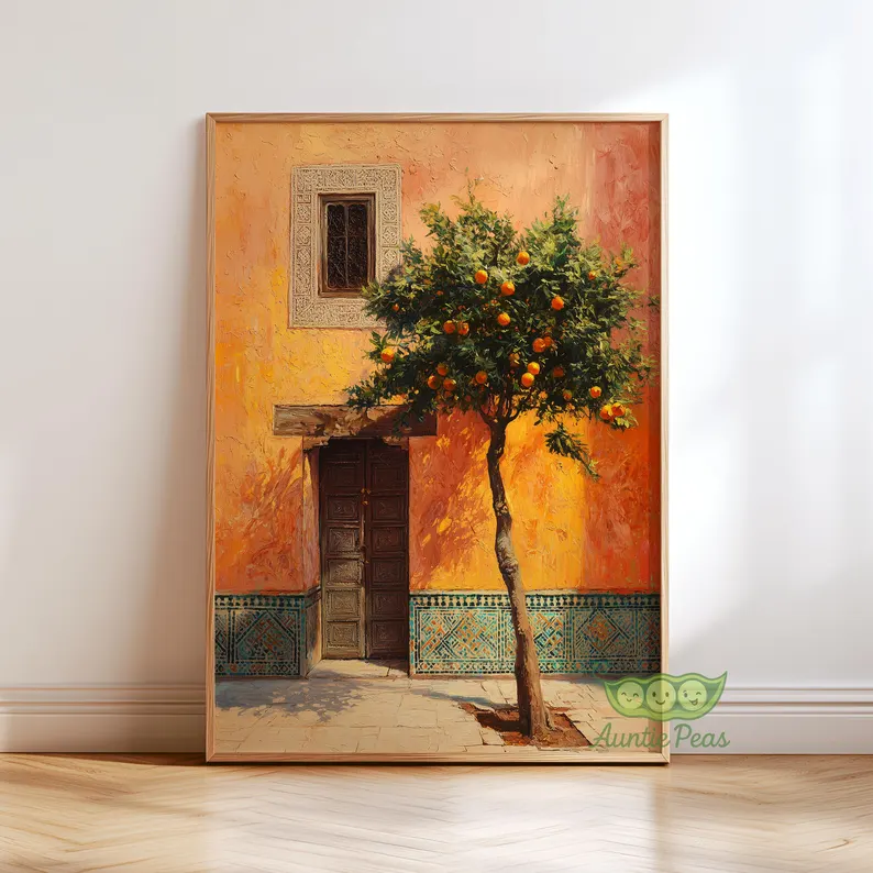 moroccan courtyard wall art, orange tree mediterranean painting, moroccan architecture print moroccan courtyard wall art, orange tree mediterranean painting, moroccan architecture print
